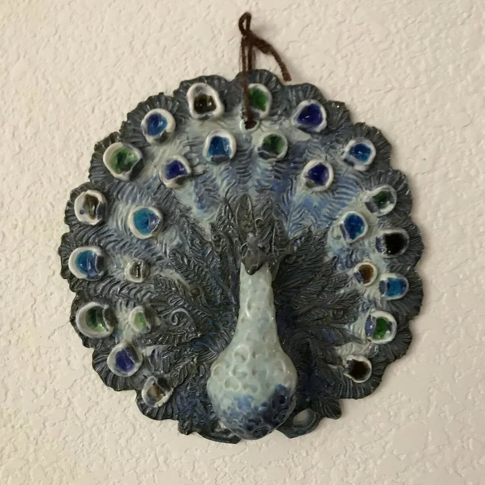 Artisan Blue and Green Sculpted Peacock Funky Ceramic Wall Decor Handmade Signed